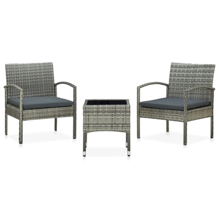 vidaXL Set de muebles bistro de jardín 3 piezas cojines ratán PE gris