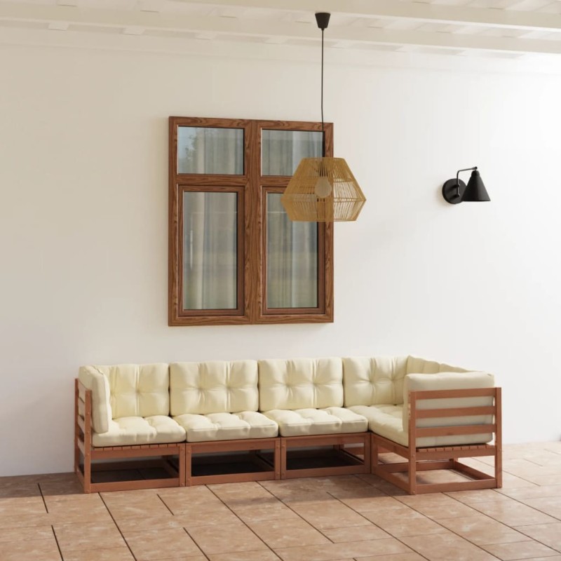 vidaXL Juego de muebles de jardín 5 pzas y cojines madera pino maciza
