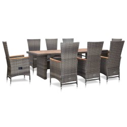 vidaXL Set de comedor de jardín 9 pzas y cojines ratán sintético gris  