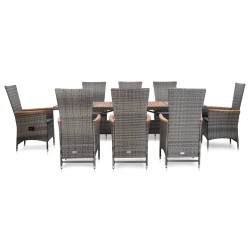 vidaXL Set de comedor de jardín 9 pzas y cojines ratán sintético gris  