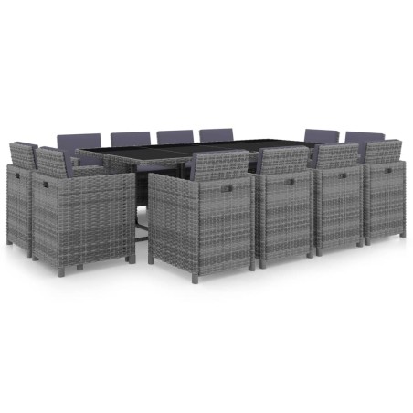 vidaXL Set comedor de jardín 13 piezas y cojines ratán sintético gris 