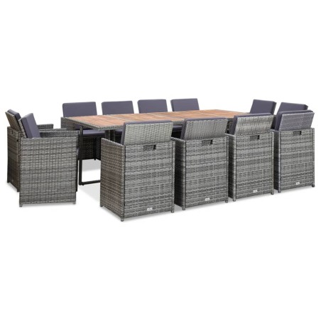 vidaXL Set comedor de jardín 13 piezas y cojines ratán sintético gris 