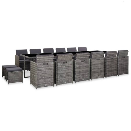 vidaXL Set de comedor de jardín 17 pzas y cojines ratán sintético gris