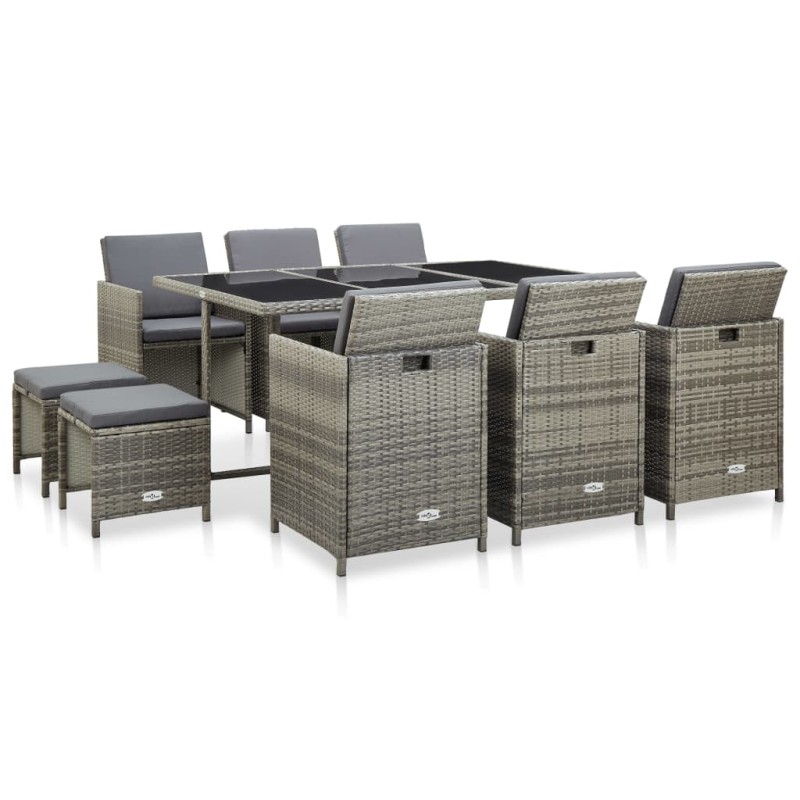 vidaXL Set de comedor de jardín 11 pzas y cojines ratán sintético gris vidaXL Set de comedor de jardín 11 pzas y cojines ratán sintético gris