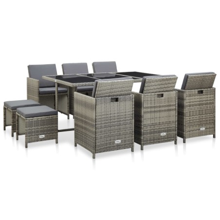 vidaXL Set de comedor de jardín 11 pzas y cojines ratán sintético gris 