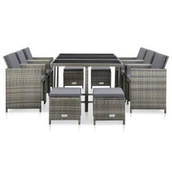 vidaXL Set de comedor de jardín 11 pzas y cojines ratán sintético gris 