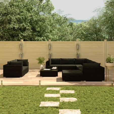 vidaXL Set muebles de jardín 10 piezas y cojines ratán sintético negro