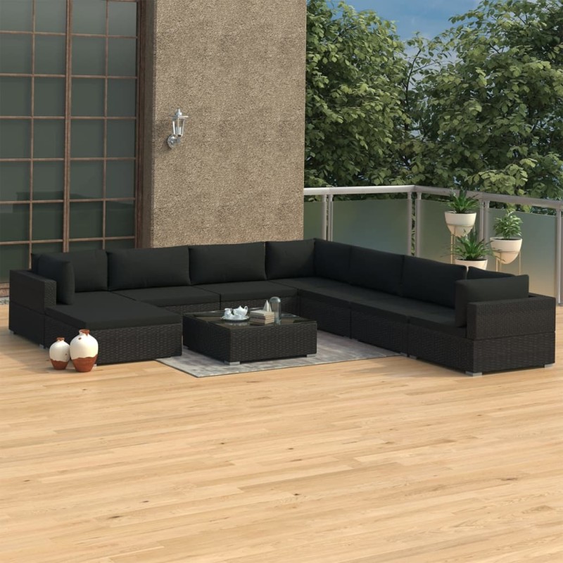 vidaXL Set de muebles de jardín 9 pzas y cojines ratán sintético negro