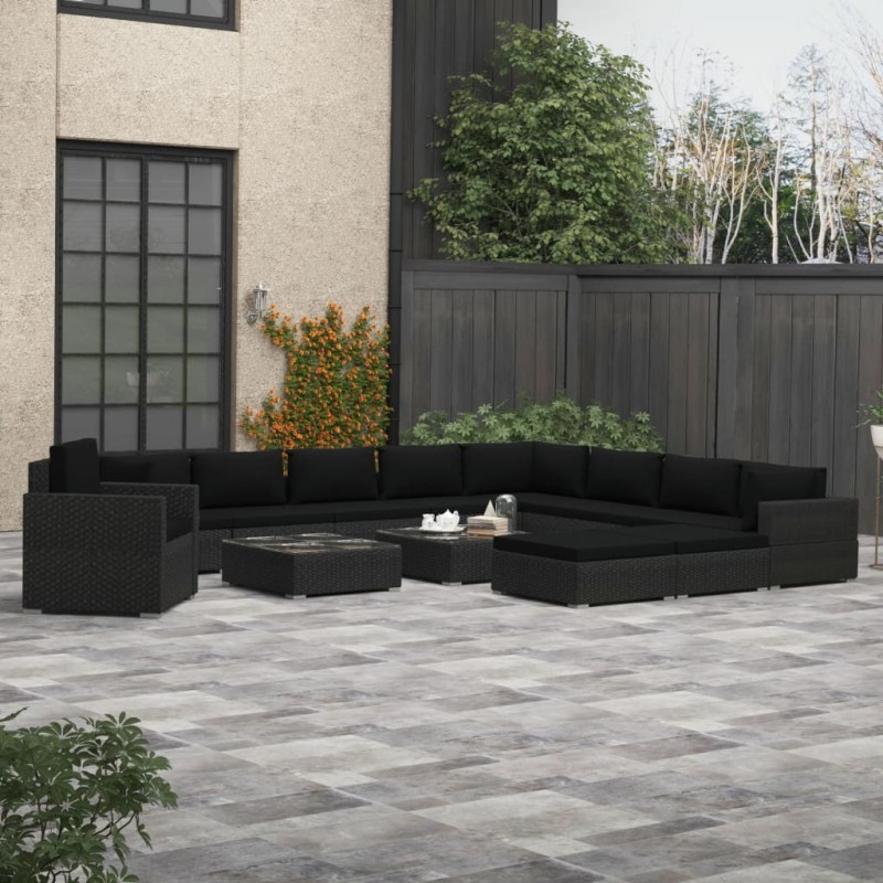 vidaXL Set muebles de jardín 13 piezas y cojines ratán sintético negro vidaXL Set muebles de jardín 13 piezas y cojines ratán sintético negro