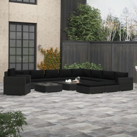 vidaXL Set muebles de jardín 13 piezas y cojines ratán sintético negro