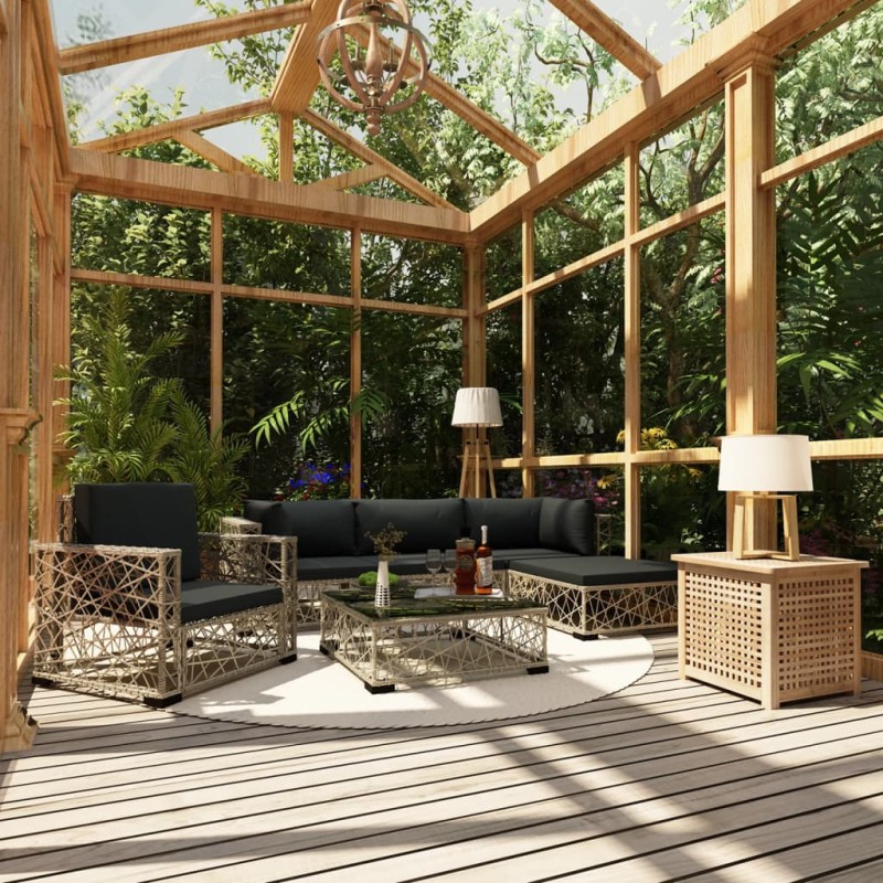 vidaXL Set de muebles de jardín 6 pzas y cojines ratán sintético gris vidaXL Set de muebles de jardín 6 pzas y cojines ratán sintético gris