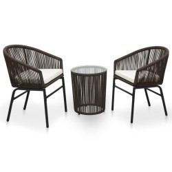 vidaXL Set mesa y sillas de jardín 3 pzas y cojines ratán PE marrón  