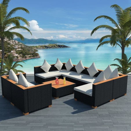 vidaXL Set de muebles de jardín 9 pzas y cojines ratán sintético negro