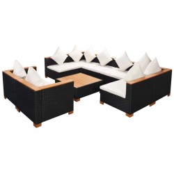vidaXL Set de muebles de jardín 9 pzas y cojines ratán sintético negro