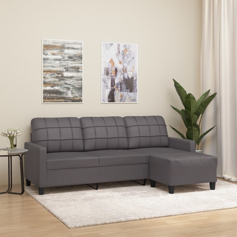 vidaXL Sofá de 3 plazas con taburete cuero sintético gris 180 cm vidaXL Sofá de 3 plazas con taburete cuero sintético gris 180 cm