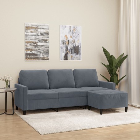 vidaXL Sofá de 3 plazas con taburete de terciopelo gris oscuro 180 cm