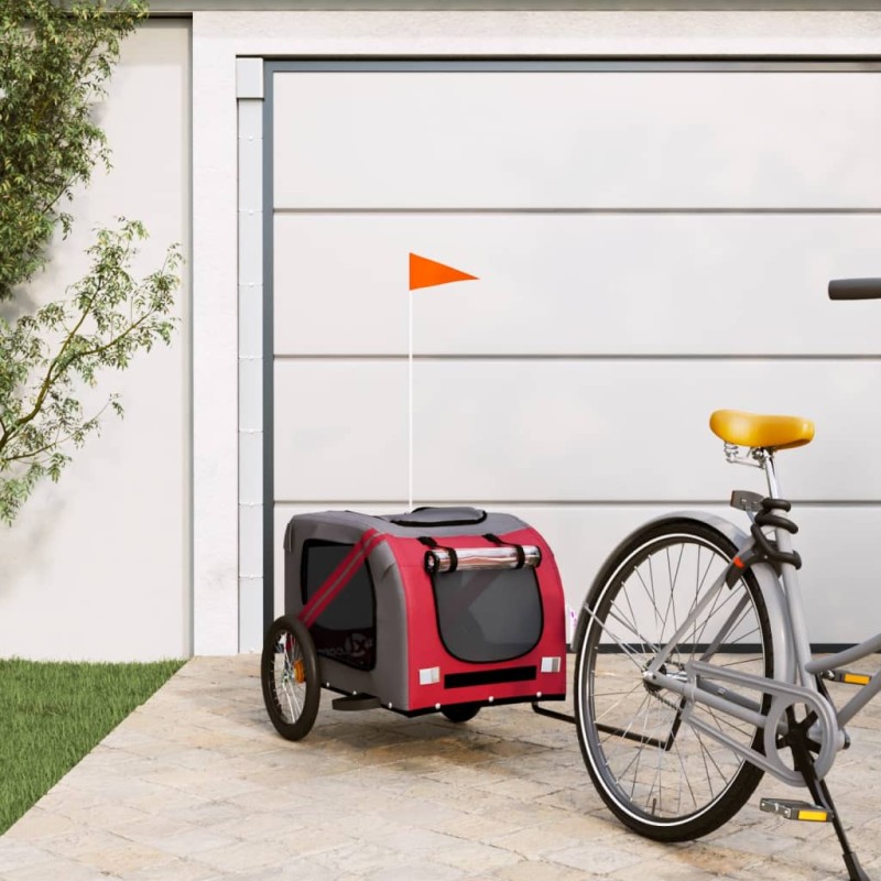 vidaXL Remolque de bicicleta mascotas hierro tela Oxford rojo gris vidaXL Remolque de bicicleta mascotas hierro tela Oxford rojo gris