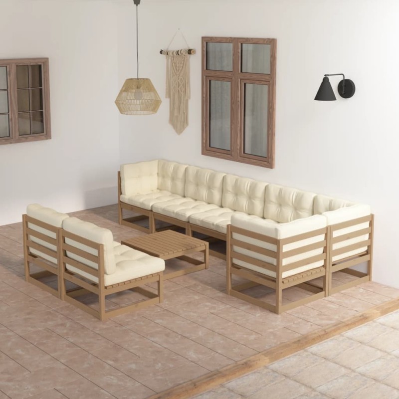 vidaXL Juego de muebles de jardín 9 pzas y cojines madera maciza pino vidaXL Juego de muebles de jardín 9 pzas y cojines madera maciza pino