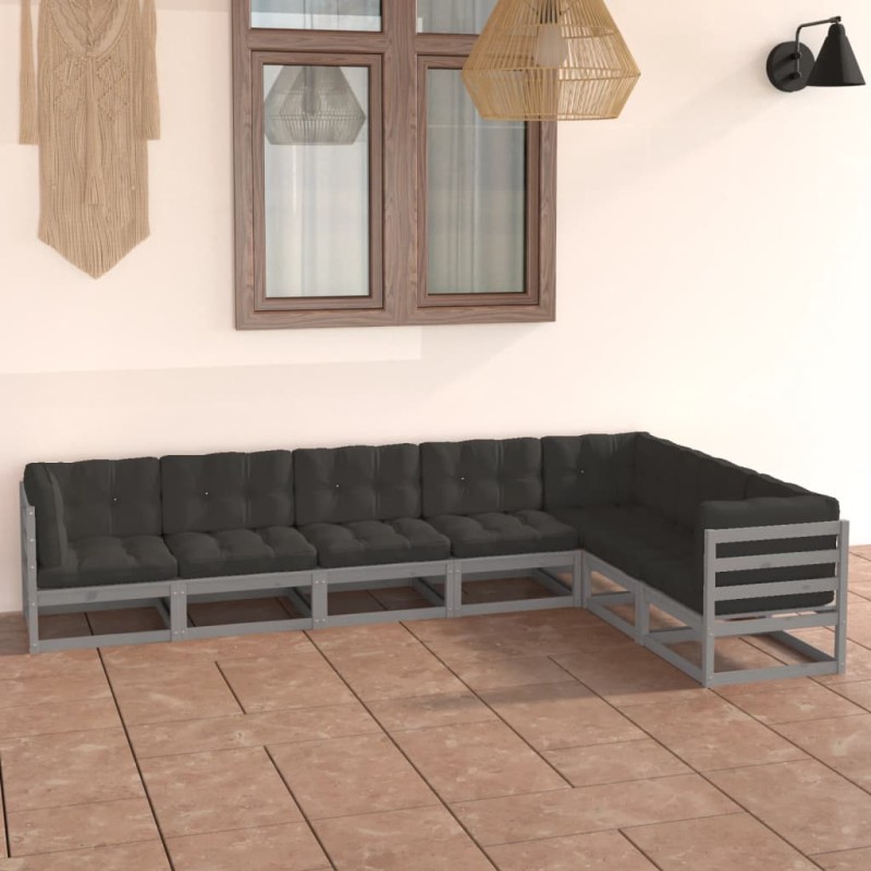 vidaXL Set de muebles de jardín 7 pzas con cojines madera pino gris vidaXL Set de muebles de jardín 7 pzas con cojines madera pino gris