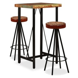 vidaXL Mesa y 2 taburetes bar madera maciza reciclada cuero real lona