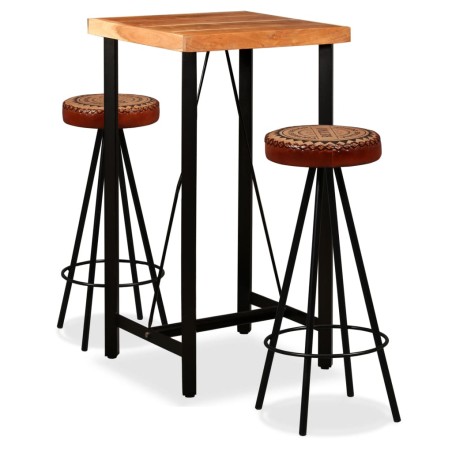 vidaXL Mesa y taburetes bar madera maciza acacia cuero real y lona