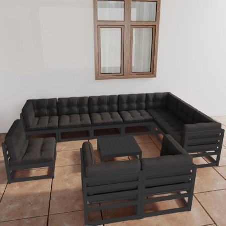 vidaXL Set de muebles de jardín 11 pzas con cojines madera pino negro