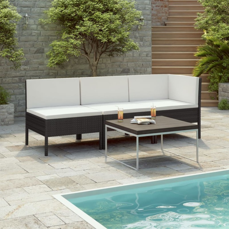 vidaXL Set de muebles de jardín 3 pzas y cojines ratán sintético negro vidaXL Set de muebles de jardín 3 pzas y cojines ratán sintético negro