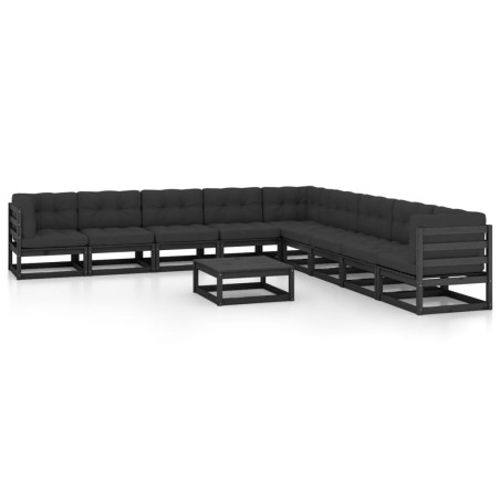 vidaXL Set de muebles de jardín 10 pzas con cojines madera pino negro