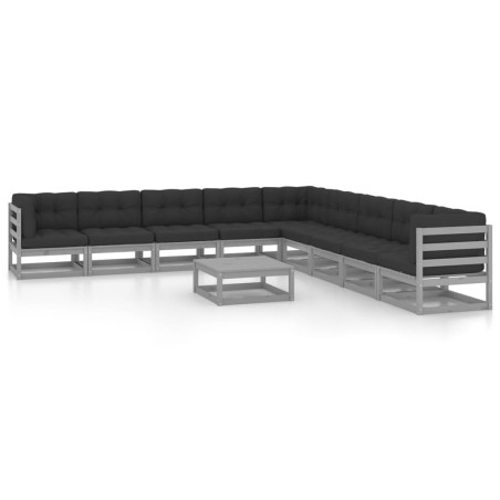 vidaXL Set de muebles de jardín 10 pzas con cojines madera pino gris