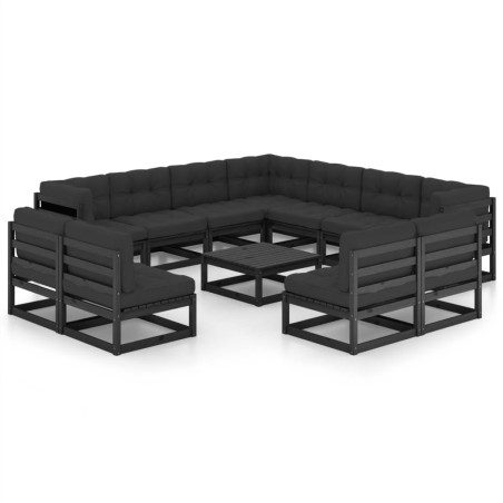 vidaXL Set de muebles de jardín 12 pzas con cojines madera pino negro