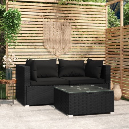 vidaXL Set de muebles de jardín 3 pzas y cojines ratán sintético negro