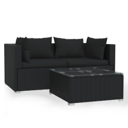 vidaXL Set de muebles de jardín 3 pzas y cojines ratán sintético negro