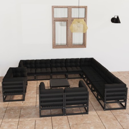 vidaXL Set de muebles de jardín 14 pzas con cojines madera pino negro