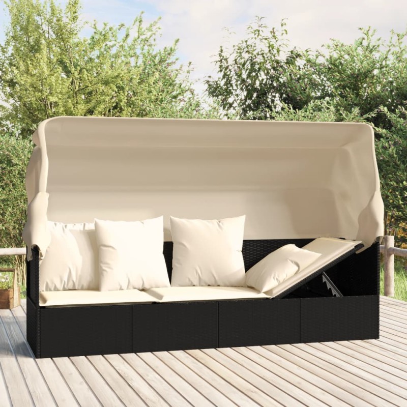 vidaXL Sofá tumbona de jardín con toldo cojines ratán sintético negro vidaXL Sofá tumbona de jardín con toldo cojines ratán sintético negro