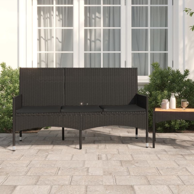 vidaXL Banco de jardín de 3 plazas con cojines ratán sintético negro vidaXL Banco de jardín de 3 plazas con cojines ratán sintético negro