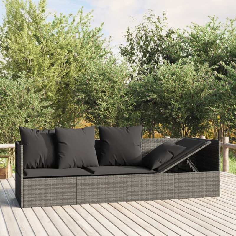 vidaXL Sofá tumbona de jardín con cojines ratán sintético gris vidaXL Sofá tumbona de jardín con cojines ratán sintético gris