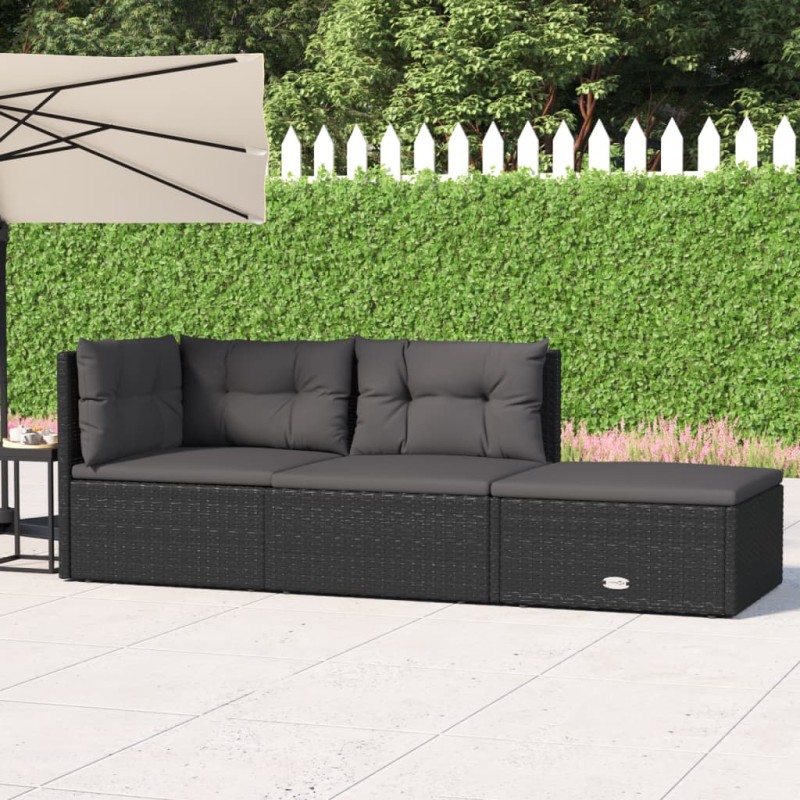 vidaXL Set de muebles de jardín 3 pzas y cojines ratán sintético negro