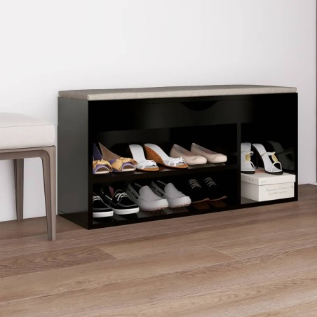 vidaXL Banco zapatero con cojín madera ingeniería negro 104x30x49 cm