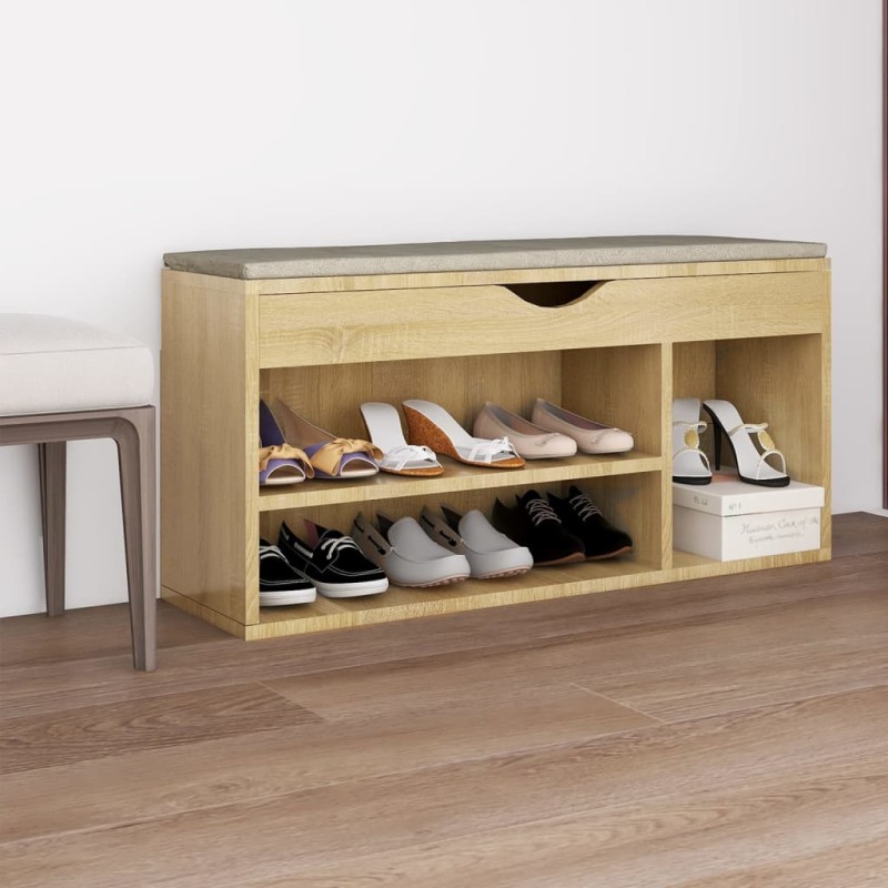 vidaXL Banco zapatero con cojín madera ingeniería sonoma 104x30x49 cm