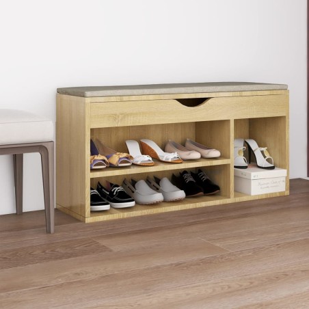 vidaXL Banco zapatero con cojín madera ingeniería sonoma 104x30x49 cm