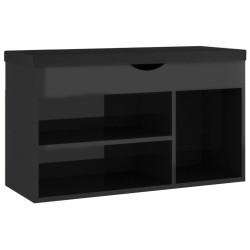 vividaXL Banco zapatero con cojín madera de ingeniería negro brillo