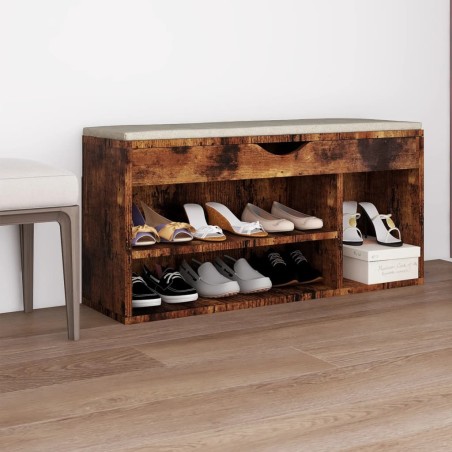 vidaXL Banco zapatero con cojín madera ingeniería roble ahumado