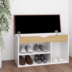 vidaXL Banco zapatero con cojín madera ingeniería blanco/roble sonoma