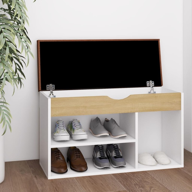 vidaXL Banco zapatero con cojín madera ingeniería blanco/roble sonoma vidaXL Banco zapatero con cojín madera ingeniería blanco/roble sonoma