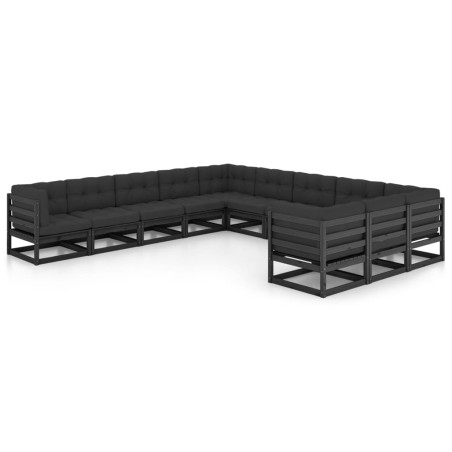 vidaXL Set de muebles de jardín 11 pzas con cojines madera pino negro