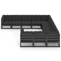 vidaXL Set de muebles de jardín 11 pzas con cojines madera pino negro