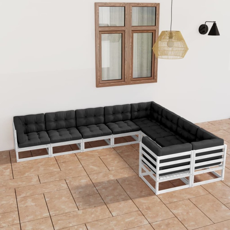 vidaXL Set de muebles de jardín 9 pzas con cojines madera pino blanco vidaXL Set de muebles de jardín 9 pzas con cojines madera pino blanco