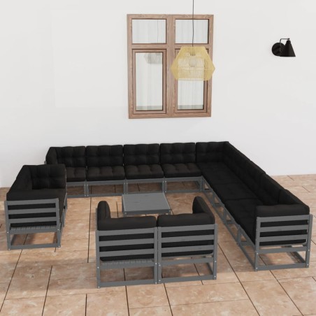 vidaXL Set de muebles de jardín 14 pzas con cojines madera pino gris