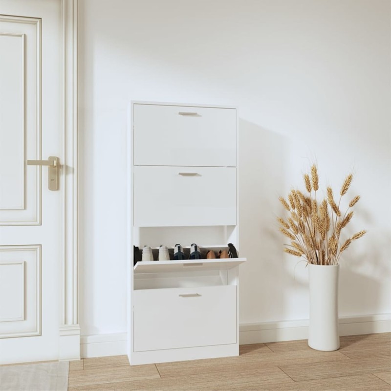 vidaXL Mueble zapatero madera contrachapada blanco brillo 59x17x150 cm vidaXL Mueble zapatero madera contrachapada blanco brillo 59x17x150 cm