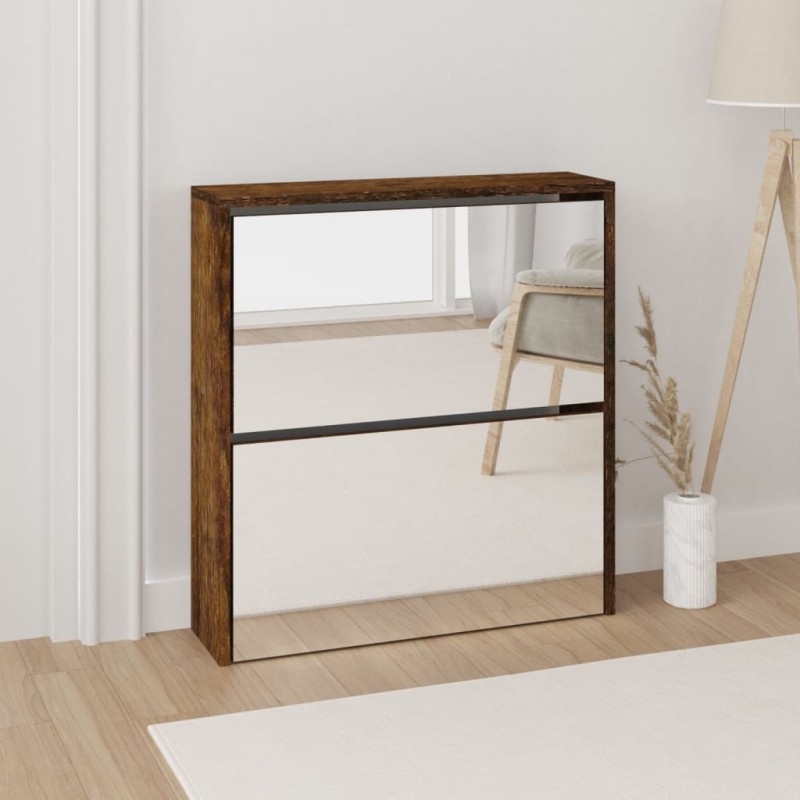 vidaXL Mueble zapatero con espejo 2 niveles roble ahumado 63x17x67 cm vidaXL Mueble zapatero con espejo 2 niveles roble ahumado 63x17x67 cm